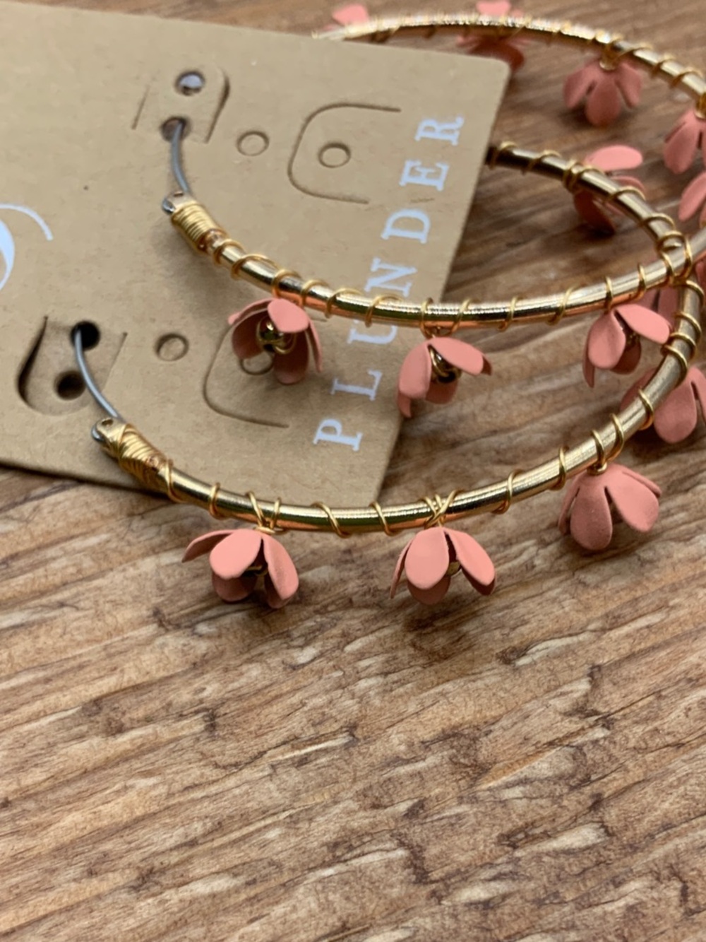 Plunder Gold Design Ivette Light Pink Flower Accents Gold Tone Hoop Earrings